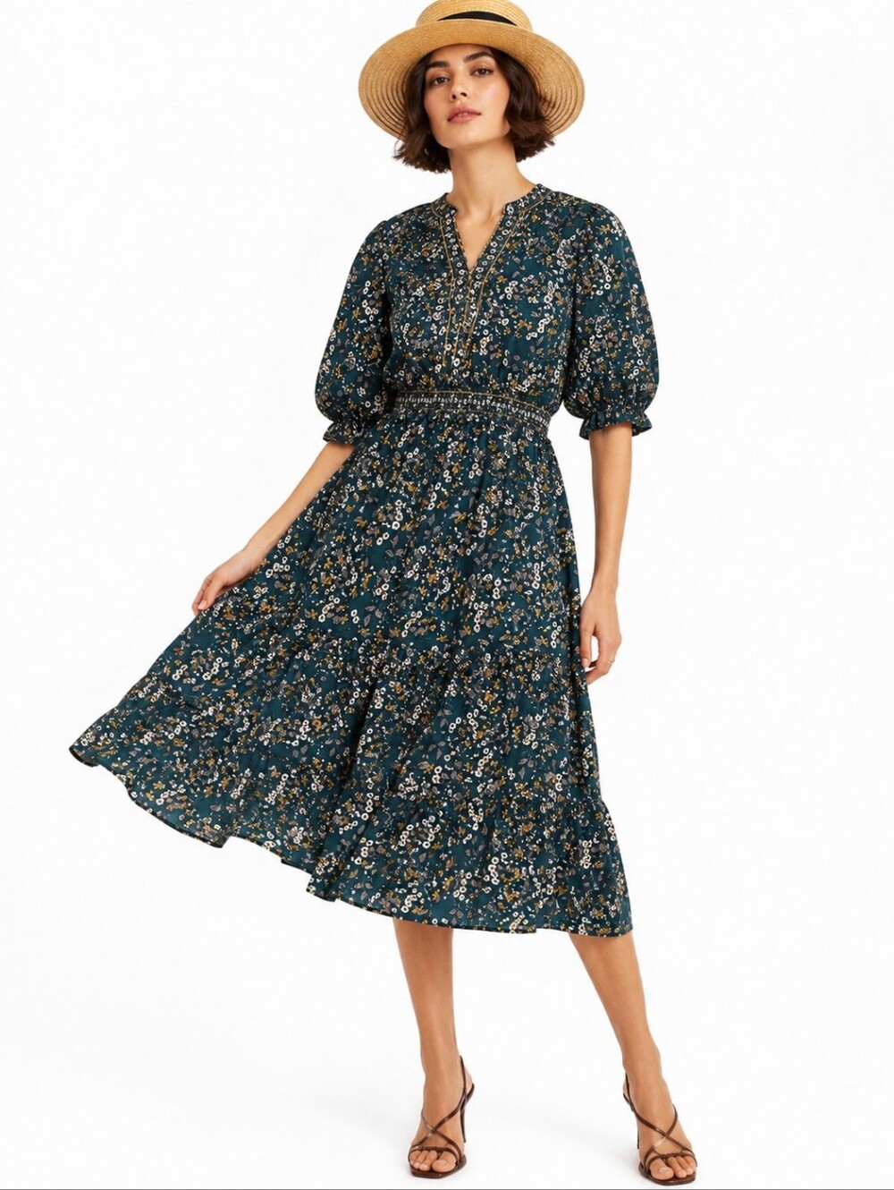 Max Studio Floral Ruffle V-Neck Midi Dress in Dark Green Medium